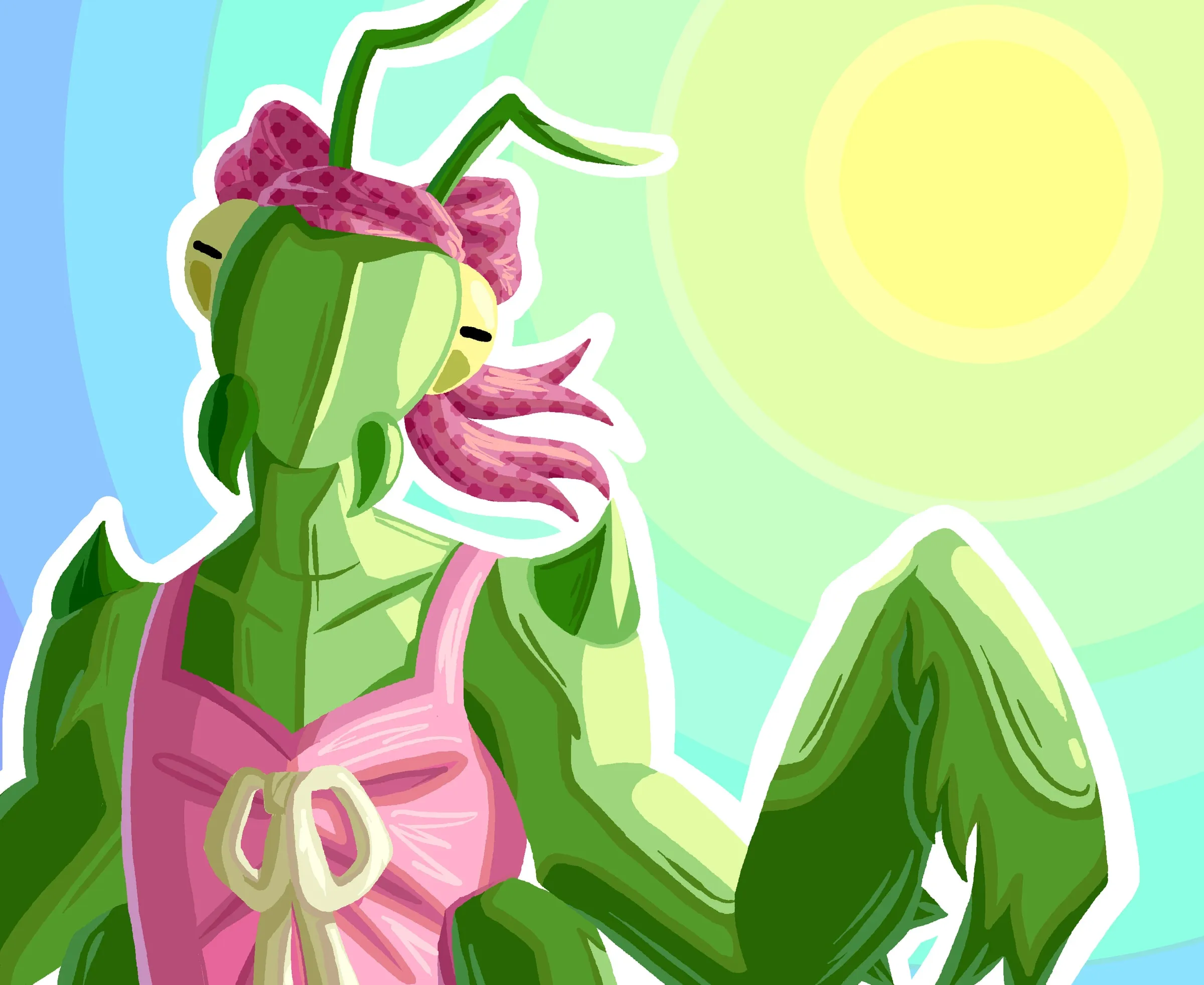 Addie — A praying mantis character, built in segmented clipping-mask layers — because she's a noticeably segmented character.
