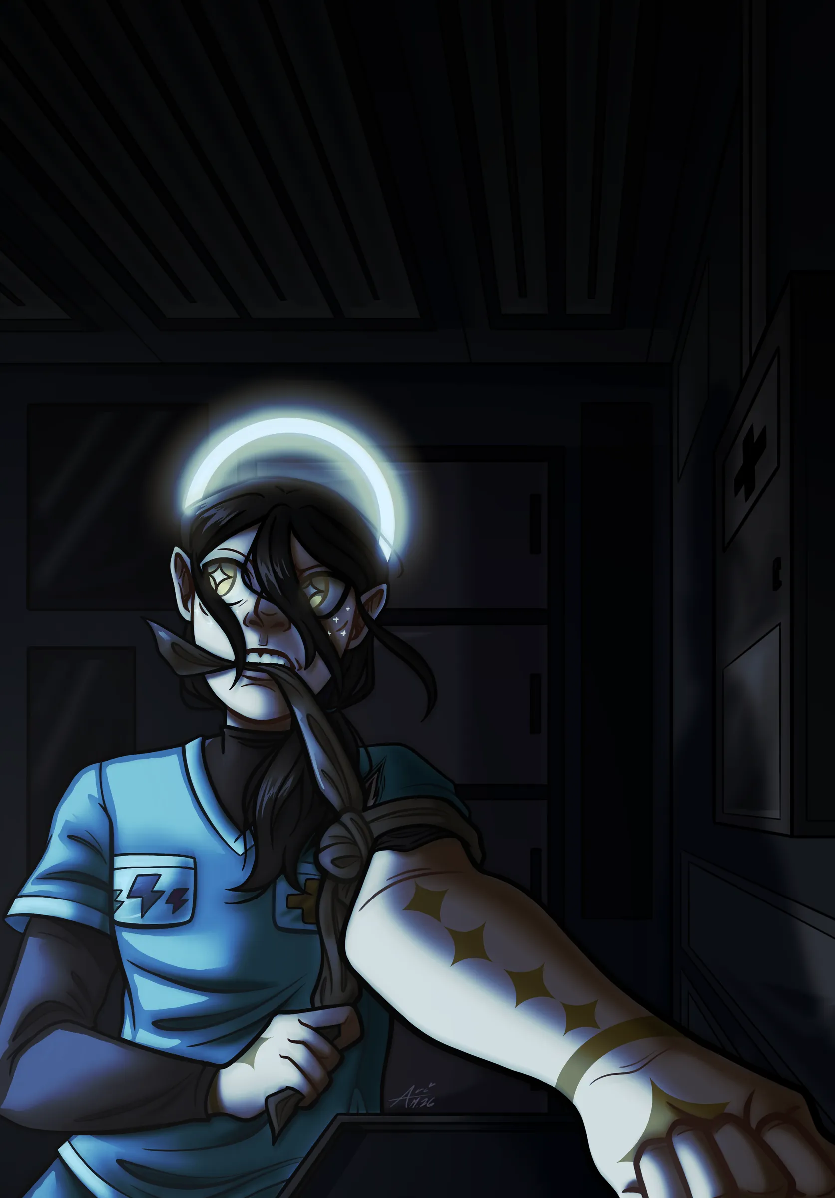 Cleric's Choice — My cleric, infected and alone in a dark infirmary — a challenging perspective and dramatic lighting.