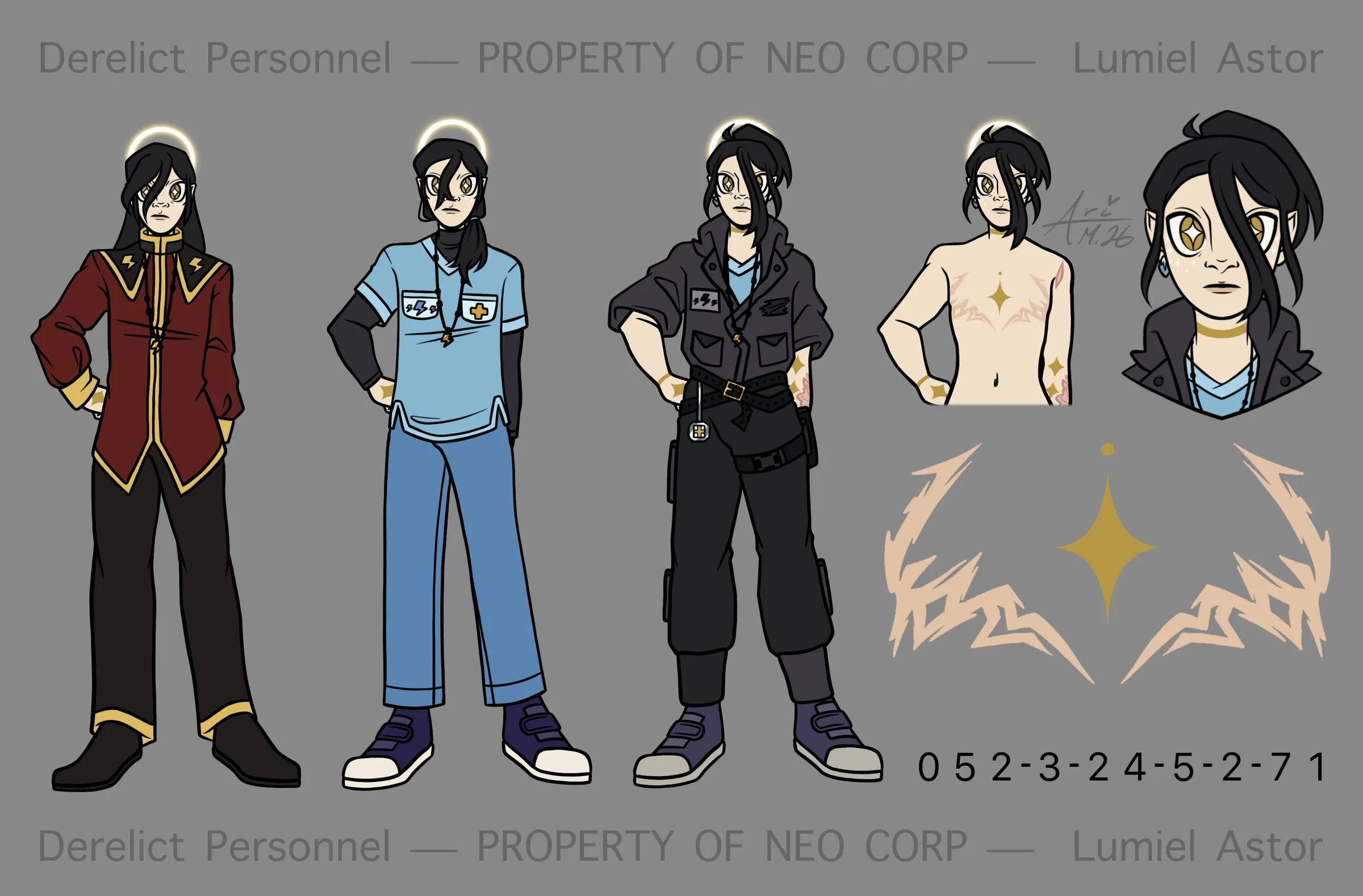 Lumiel Astor — Child of Stars — A cleric of the god of storms, designed and redesigned over a campaign, with outfit references for each chapter of his story.